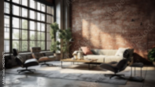 Blurred Industrial Apartment Interior Design Idea. Brick wall New-York style living room. Blurry Home office illustration. Blur effect for background wallpaper or website page. Generative AI.