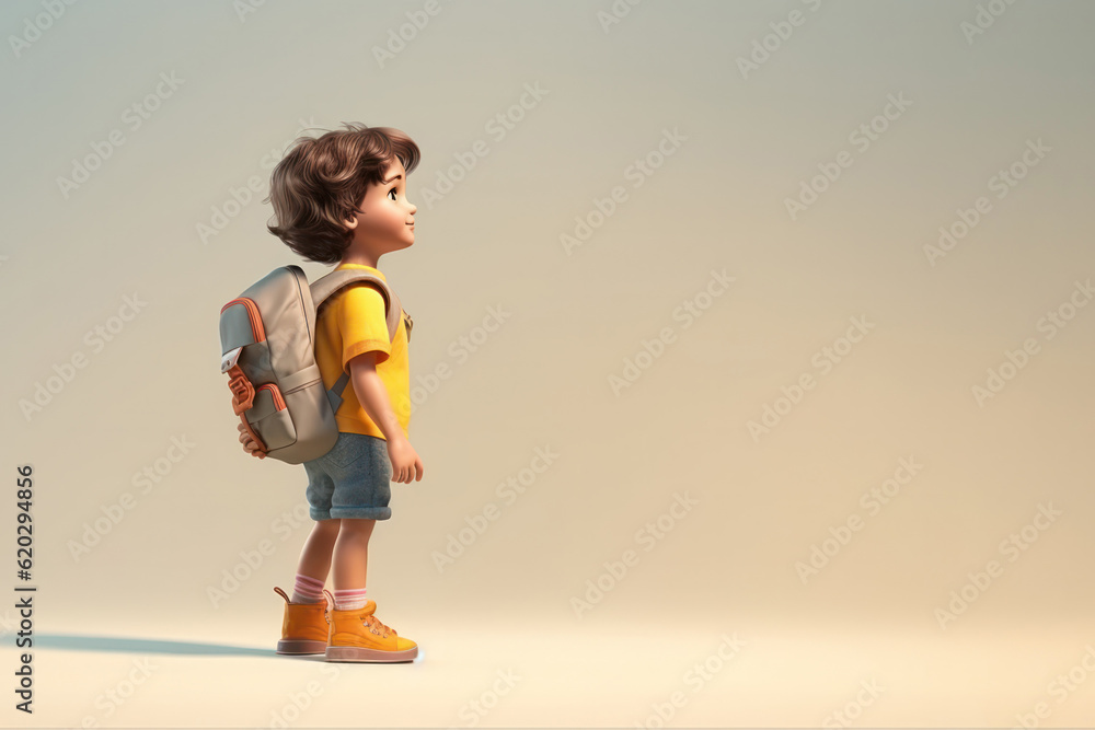 cute curly hair boy with backpack minimalistic background with copy space learning back to school concept design cute curly hair boy with backpack minimalistic background with copy space learning back to school concept design