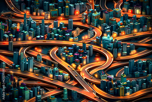a road leading to a city with traffic lights, convoluted and intricate