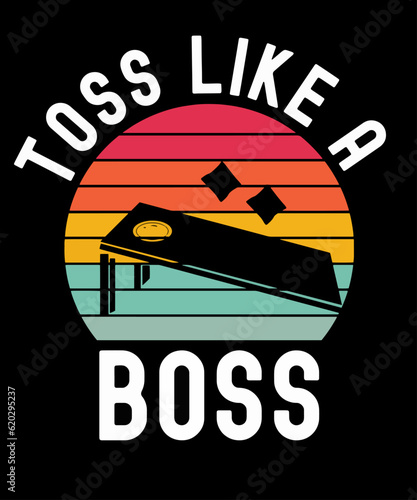 Cornhole vintage sunset graphic, cornhole board and bean bags with funny saying Toss Like A Boss