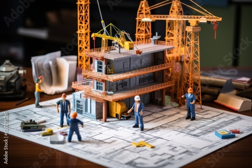 miniature construction site with cranes and workers architectural model plans and blueprint document photo