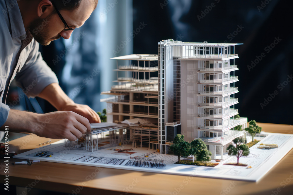 architect or engineer intricately manipulate a residential building construction model on the table. architect or engineer intricately manipulate a residential building construction model on the table.
