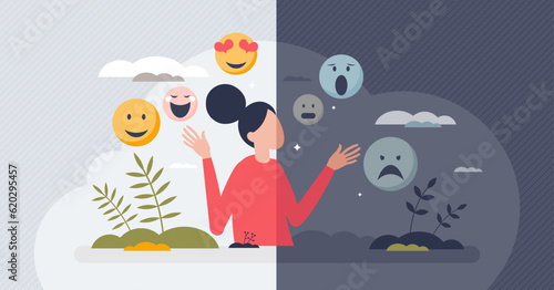 Mental health awareness to understand emotions or feelings tiny person concept. Various psychological diseases literacy to recognize depression, frustration or anxiety problems vector illustration.