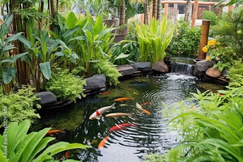 little fish pond at modern home design professional photograpphy AI Generated 