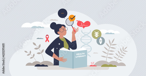 Health literacy and medical healthcare education book tiny person concept. Reading about medicine, disease, treatment and therapy in literature to understand diagnosis prevention vector illustration