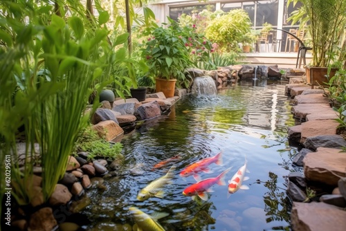 little fish pond at modern home design professional photograpphy AI Generated 