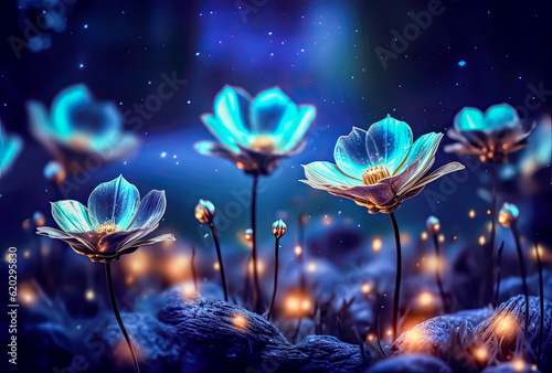 a blue dark background with flowers and some lights, blurred background