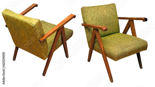 An old armchair used for household decor. Isolated background.