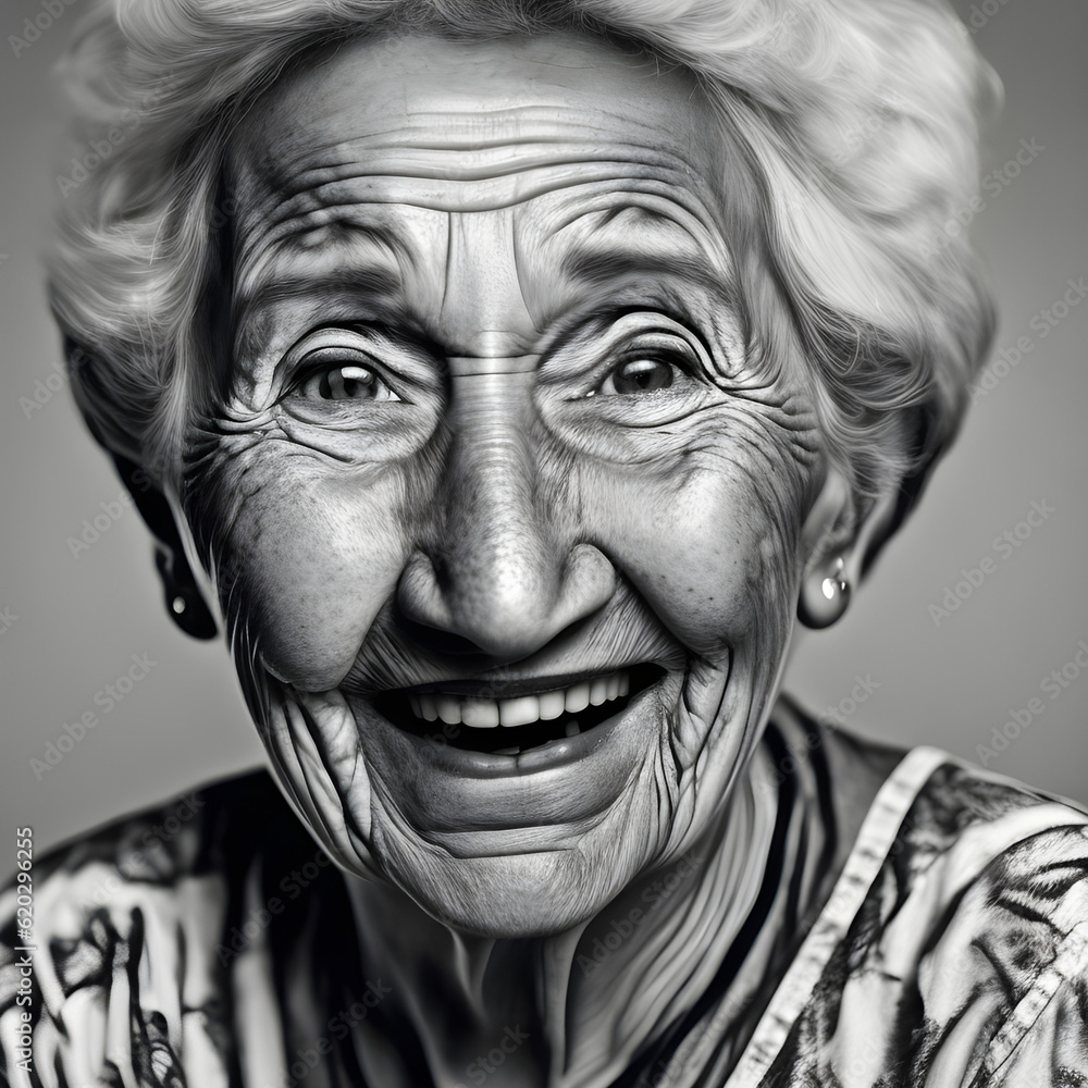 Generative KI alte lachende Frau mit Falten und weißem Haar Stock Illustration Adobe Stock