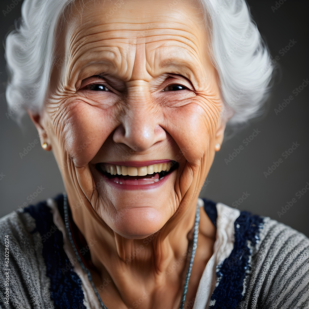 Generative KI alte lachende Frau mit Falten und weißem Haar Stock Illustration Adobe Stock