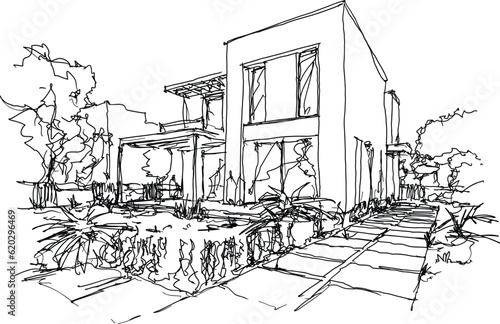 hand drawn architectural sketch of beautiful modern detached village house with garden  and trees