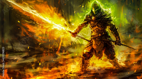 A character in the middel of a fire holding a long sword or spear of fire, powerful, video game style photo