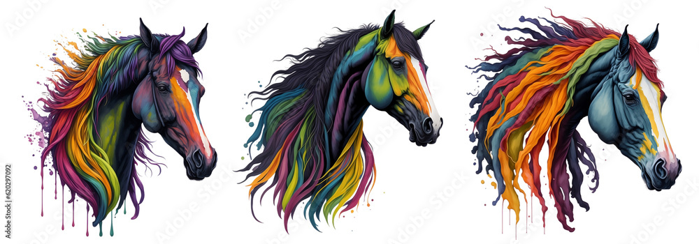 Watercolor Colorful Horse Collection On A Transparent Or White Background. Moscot Sports Team Logo T-Shirt Design Generative Ai