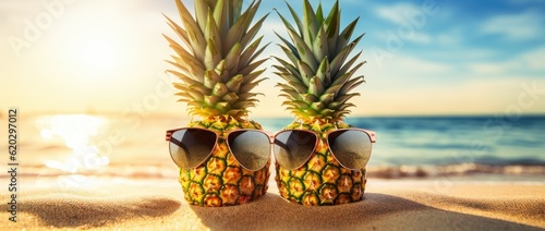 two pineapples in sunglasses on sand Generative Ai
