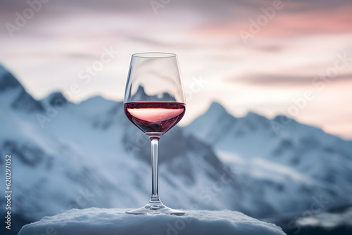 glass of wine with mountains in background