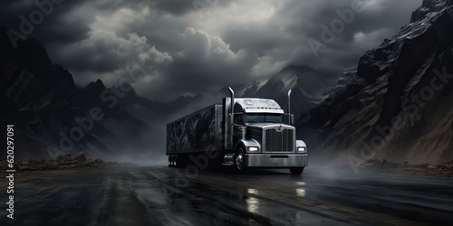 AI Generated. AI Generative. Modern huge cargo truck on mountain road move. Shipping delivery commerical trip. Graphic Art