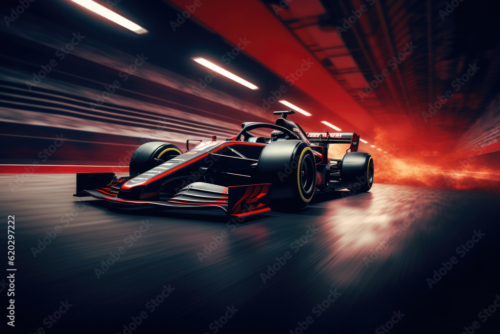 Racing car at race track. Sport bolide with motion blur effect at motor sport grand prix. Created with Generative AI