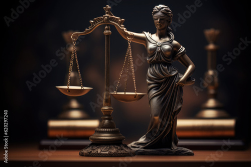 Lady Justice statue close up. Concept of compliance with law and fair trial. Created with Generative AI