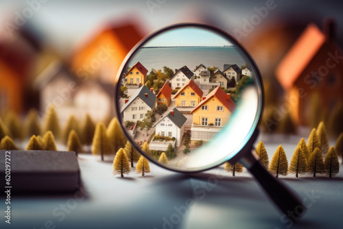 Searching new house for purchase. Rental housing market. Magnifying glass near residential building. Created with Generative AI
