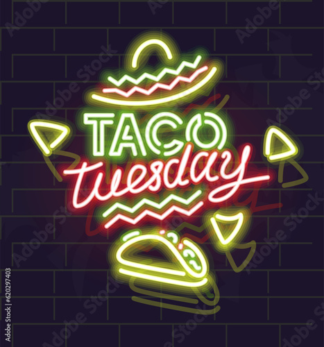 Neon taco tuesday poster. Typography with mexican food silhouette on brick wall background.
