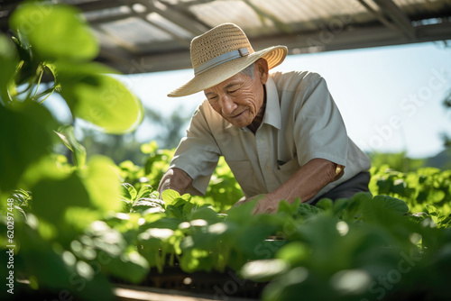  Asian senior smart farmer growing hydroponic vegetables 
