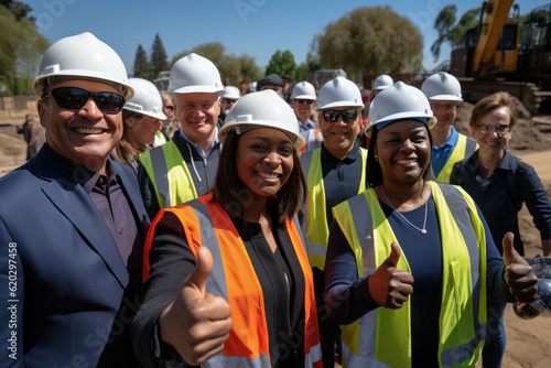 portrait of a team of workers showing thumbs up