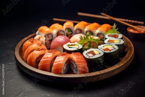 Slate Tile with Maki Sushi, Nigiri Sushi, Chopsticks and further Decorations, Soy Sauce, Wasabi, Japanese Gourmet Sushi