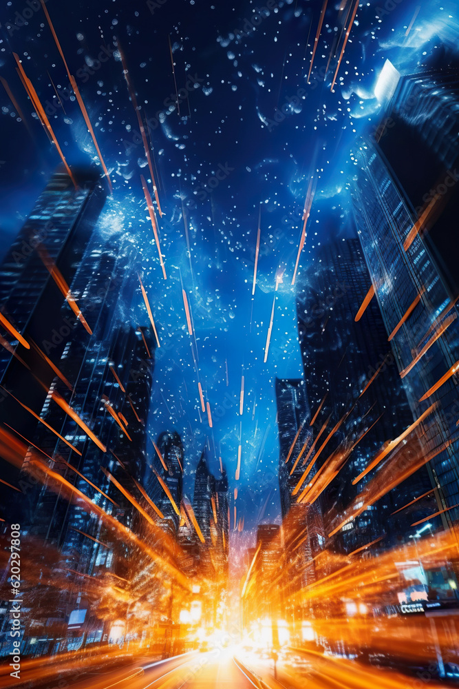 Abstract futuristic background high speed vibrant orange and blue lines and bokeh glowing neon moving. High speed futuristic travel concept. City. Fantastic wallpaper.