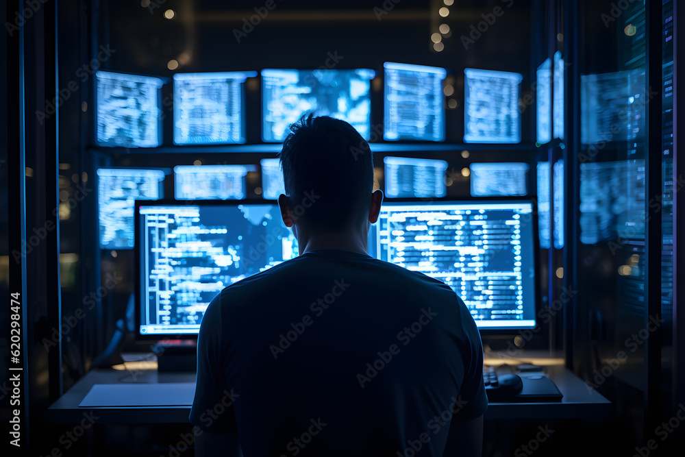 person working on many monitors and screens rearview person working on many monitors and screens rearview