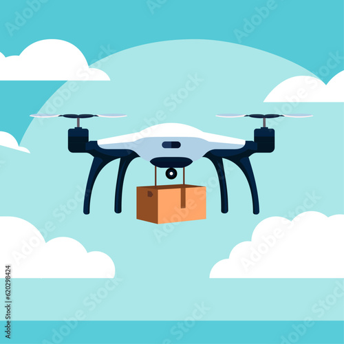 Drone  delivery concept flat style vector illustration, Flying drone with a package, box, cargo, drone delivering a package flat style stock vector image