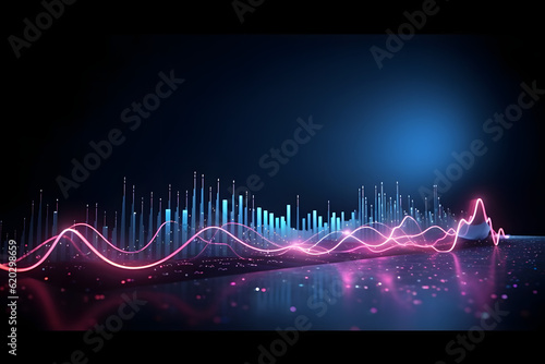 Bright sound waves with shimmering particles on a dark blue to black gradient 