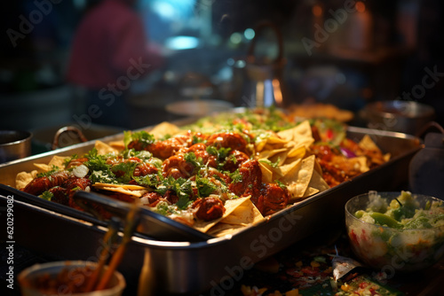 A vibrant street food stall with sizzling dishes and colourful ingredients. Fried food with sticks  Thai traditional street food. aromatic curries  chicken and stir fried noodles. generative AI