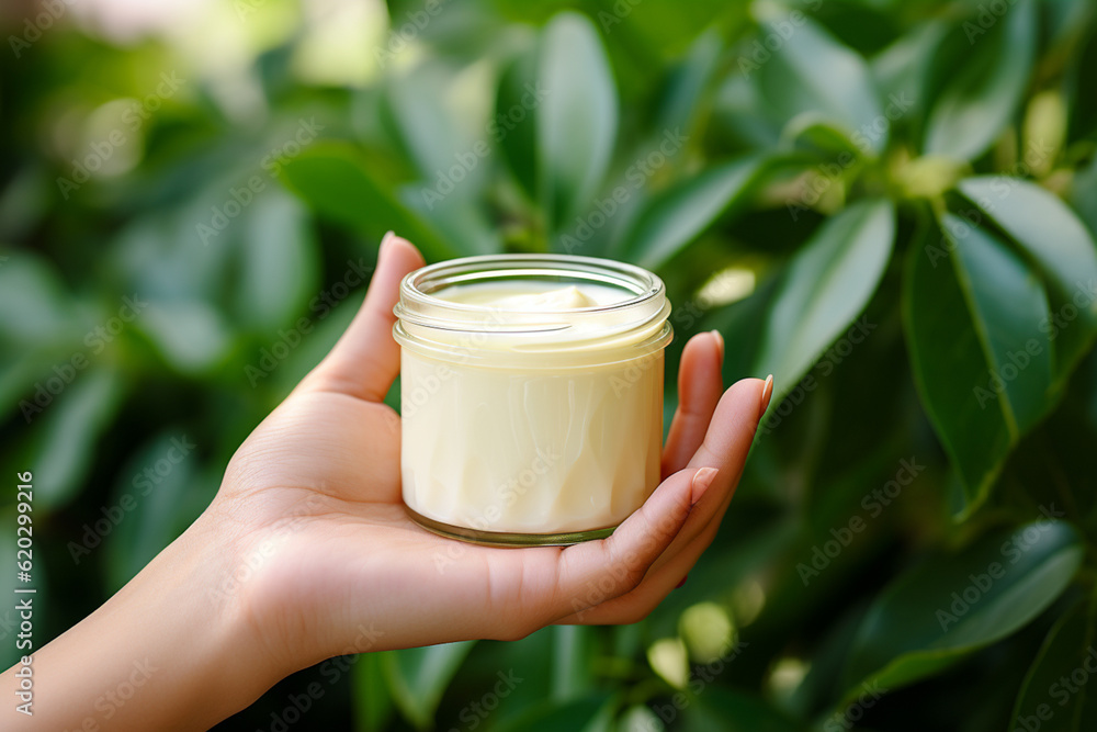Close up shot of a pair of hands holding a small jar of cream against a background of lush green leaves and blue sky. health, vitality, and natural beauty. Generative AI. Close up shot of a pair of hands holding a small jar of cream against a background of lush green leaves and blue sky. health, vitality, and natural beauty. Generative AI.