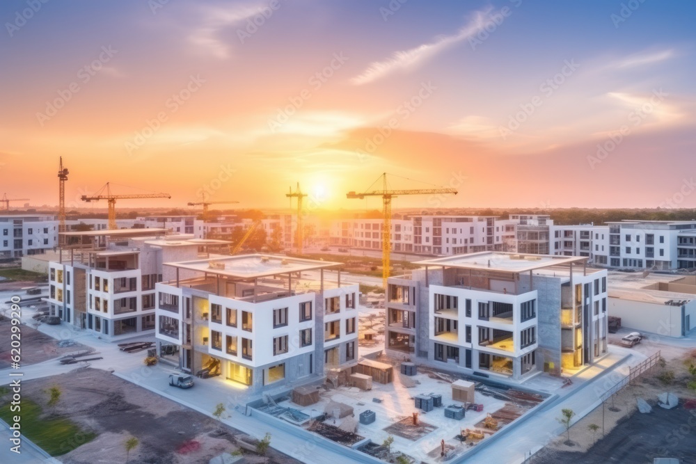 construction field of under construction building: white blocks of residential project at sunset.
