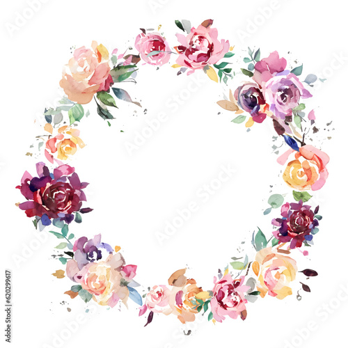 Circle wreath with leaves, watercolor roses, flowers. Vintage Template. wreath, round frame