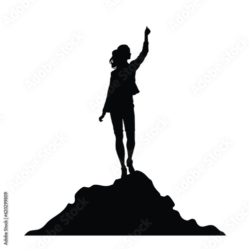 Silhouette woman raising hands on top of mountain, successful concept, vector isolated
