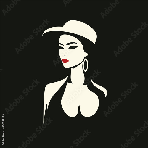 Retro woman model with black hat, red kiss, sideview, poster, vector illustration