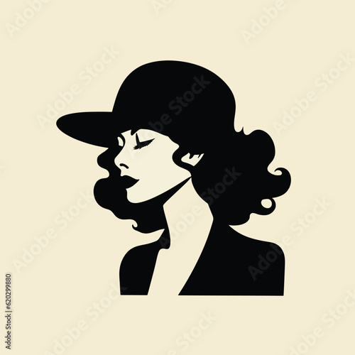 Retro woman model with black hat, sideview, poster, vector illustration