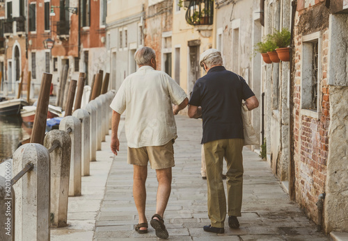 Two italian senior men walking on the cobblestone narrow streets in Venice, Italy