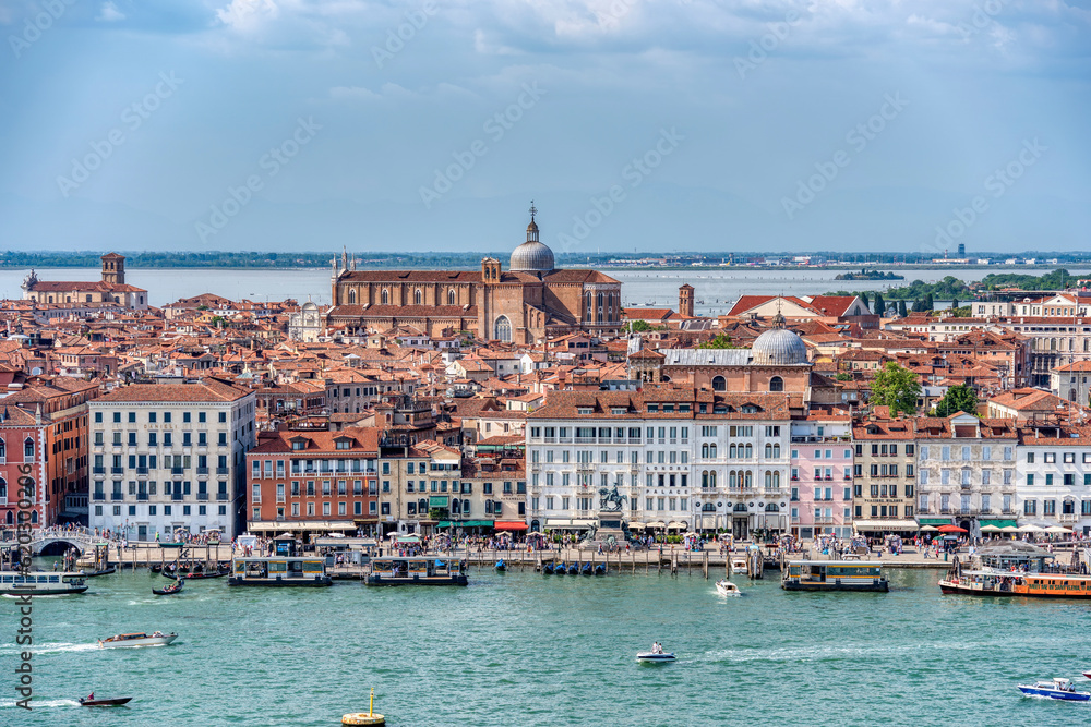 Venice, Italy - May 29 2023: Aerial view over the Grand Canal with San Zaccaria area in Venice.