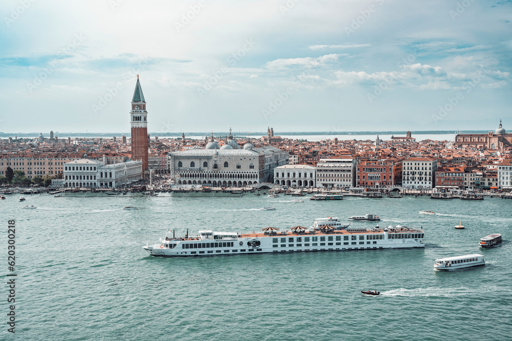 Fototapeta premium Aerial view over the Grand Canal in Venice with the boat traffic.