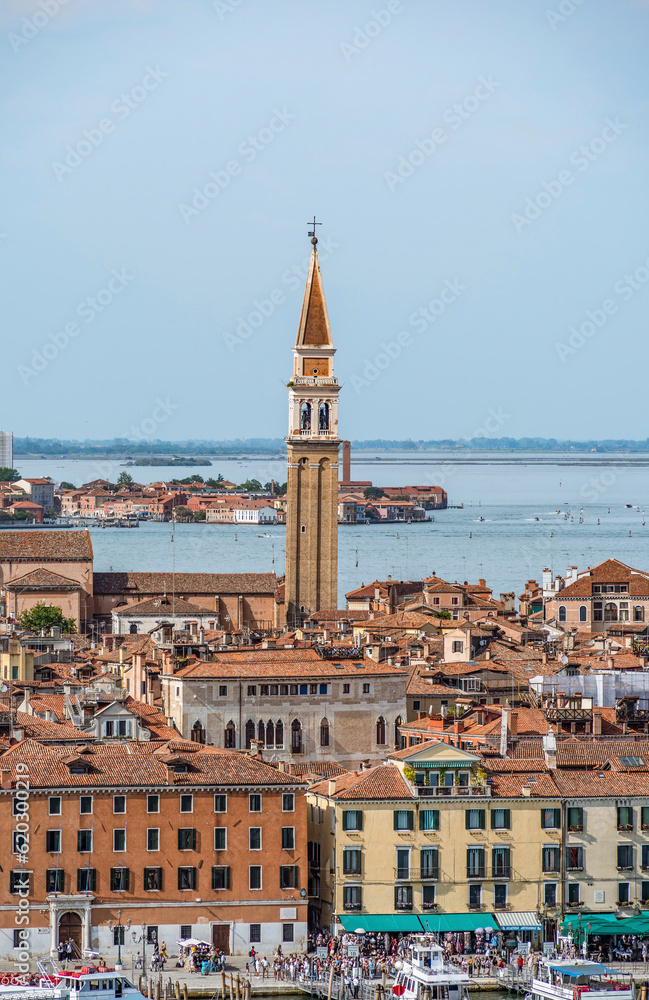 Aerial view with the medieval bell tower of the franciscan church Chiesa di San Francesco della Vigna, in Venice Italy.