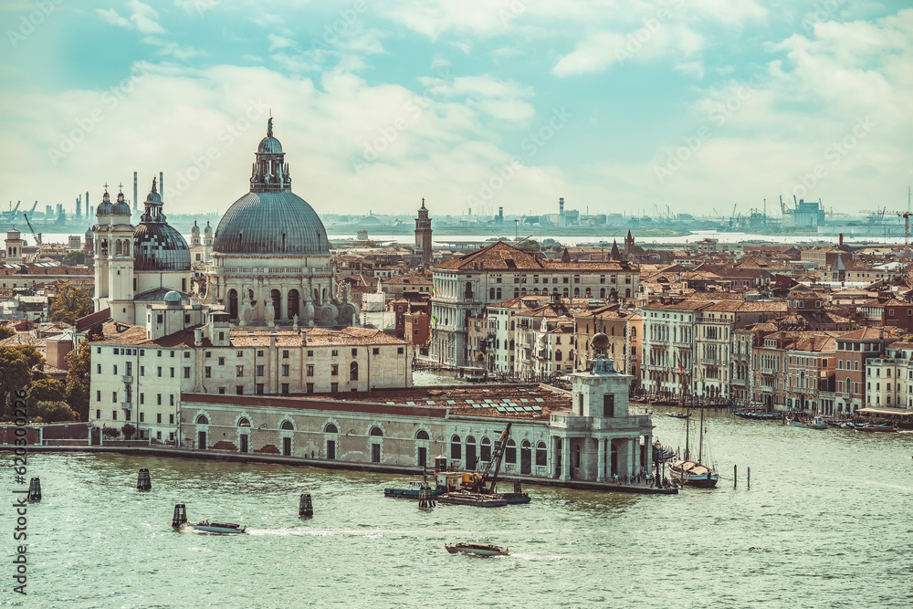 View from above over the Grand Canal with Basilica di Santa Maria della Salute in Venice.