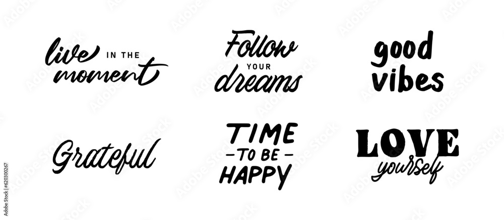 Vector set with Motivational quotes. Hand written inspirational phrases. Happiness and positive message banners. Vector set with Motivational quotes. Hand written inspirational phrases. Happiness and positive message banners.