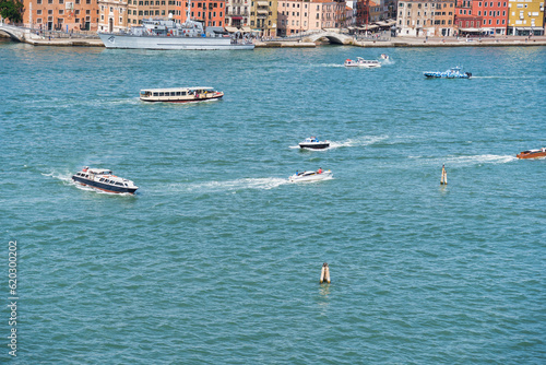 Aerial view over the Grand Canal in Venice with the boat traffic. photo