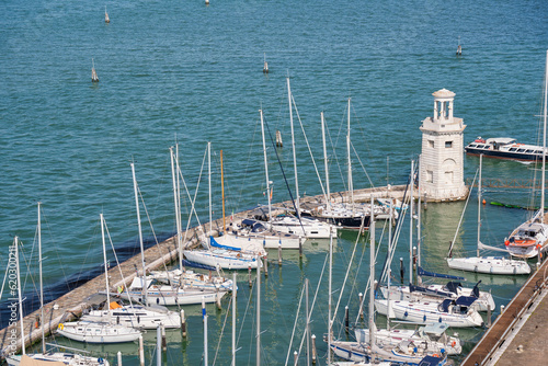 View from above with San Giorgio Maggiore Yacht Harbor and Faro (Lighthouse) in Venice.