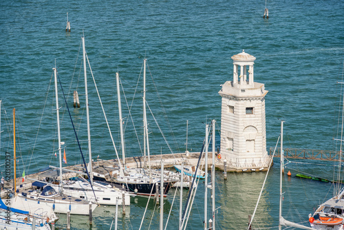 View from above with San Giorgio Maggiore Yacht Harbor and Faro (Lighthouse) in Venice.