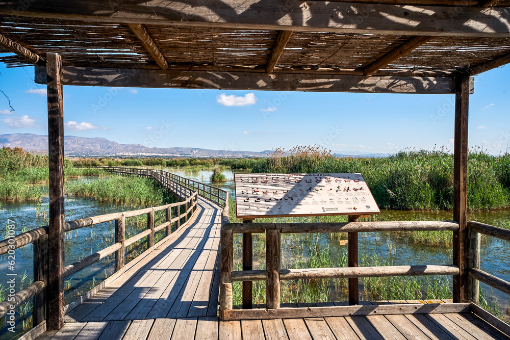 Bird observatory in The Hondo of Elche natural park, in a sunny day. In Elche, Alicante, Valencian community, spain.