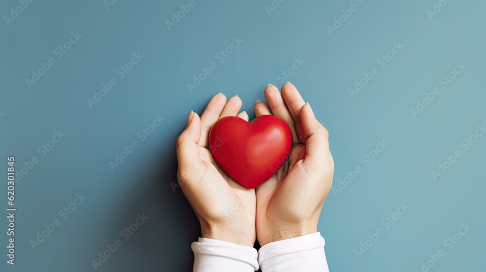 Fototapeta premium A pair of hands holding a heart. Web banner with copy space. Generative AI