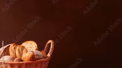 A basket of freshly baked bread. Web banner with copy space. Generative AI